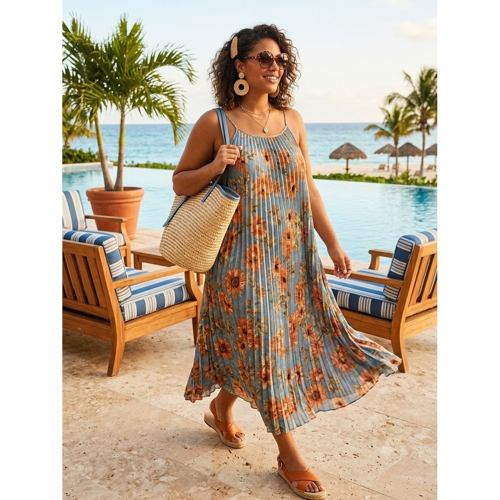 Ellames Floral Flowy Boho Resort Cruisewear Pleated Midi Dress 2XL‎ Blue